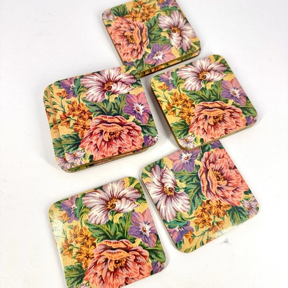Floral Cork‎ Backed Drink Coasters Set of 10 Square Colorful Flower Print